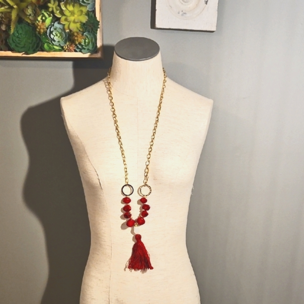 Flora & Oak Gold, Red Corral, and Red Thread Tassel Long Necklace Handmade